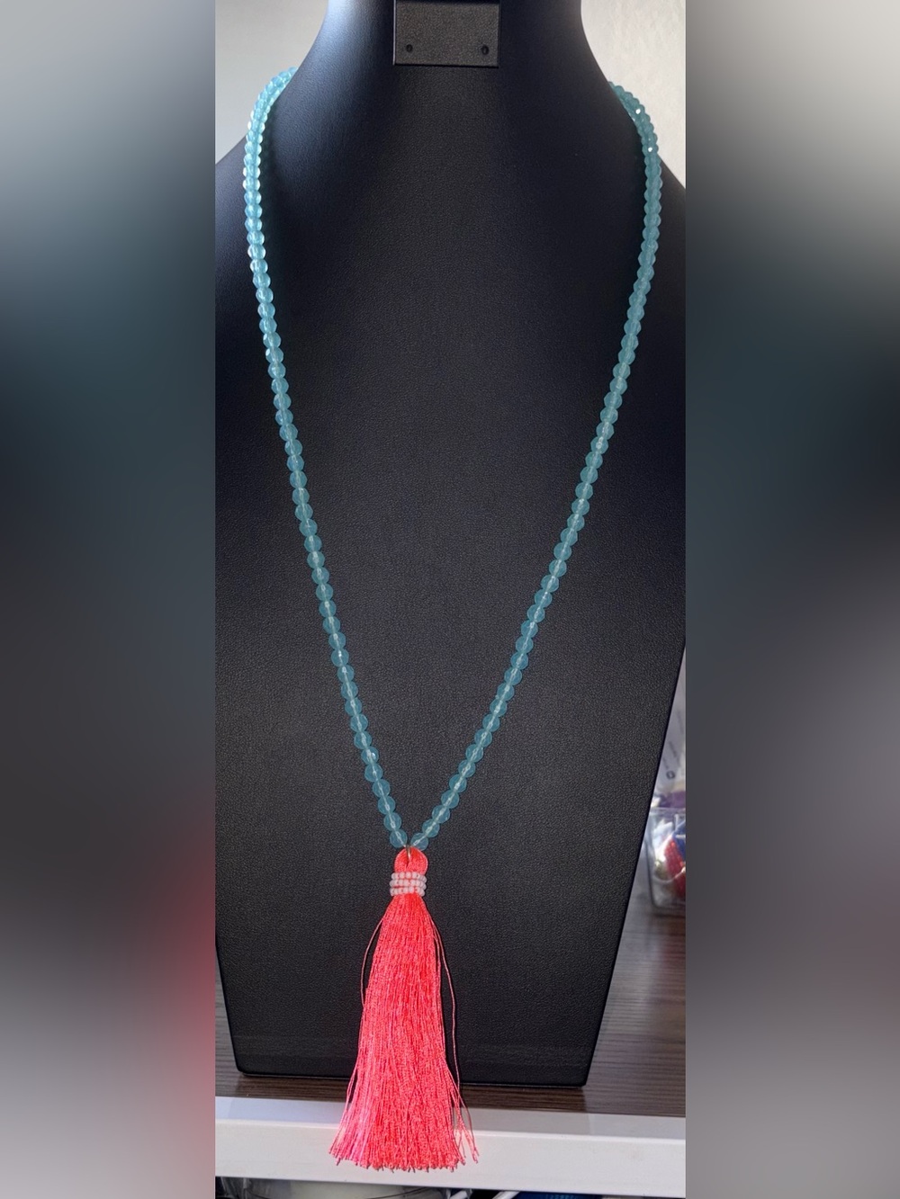 J. Crew Aqua Bead Necklace with Coral Pink Tassel
